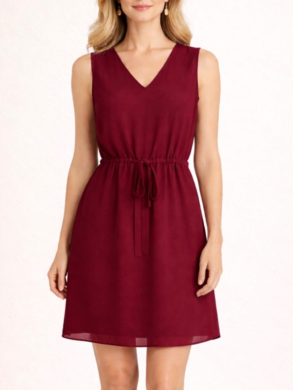 Wantable Drawstring sleeveless v-neck Dress Burgundy M shift lined minimalist